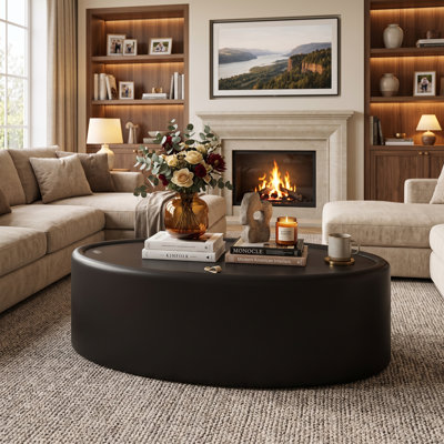 33.5" Oval Leather Coffee Table with Flip-Top Hidden Storage & Glass Surface