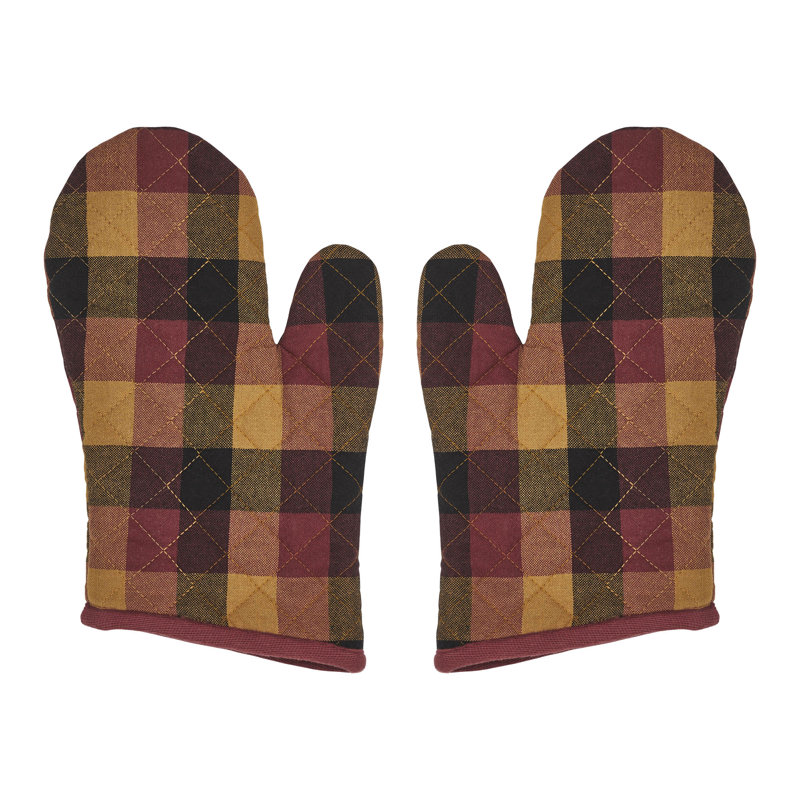 Heritage Farms Checkered Cotton Oven Mitt Set in Deep Burgundy