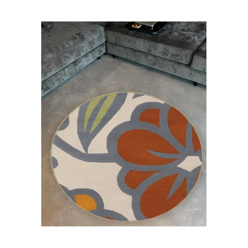 Multicolored Flower And Leaf Detailed Woven Base Modern Decorative Carpet, Round 4'
