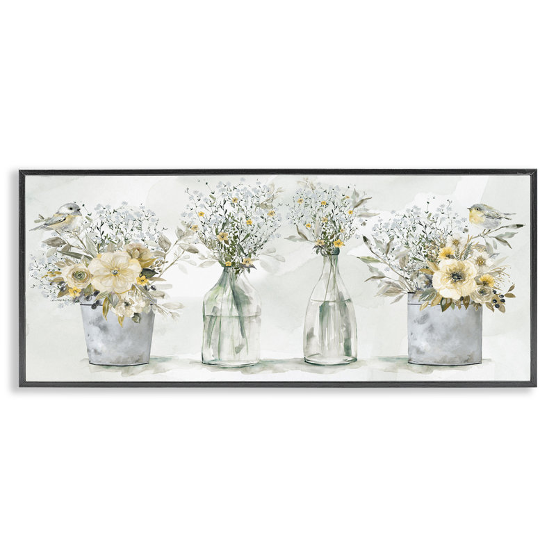 «Farmhouse Floral Bouquets Song Birds Rustic Vases», H 13 po x l 30 po x P 1,5 po, Giclée encadrée noir minuit