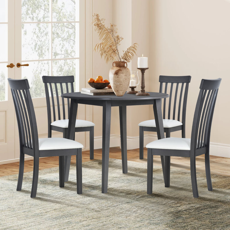 Ensemble de table de salle à manger 5 pièces avec chaise en bois massif, Gris, Blanc / gris