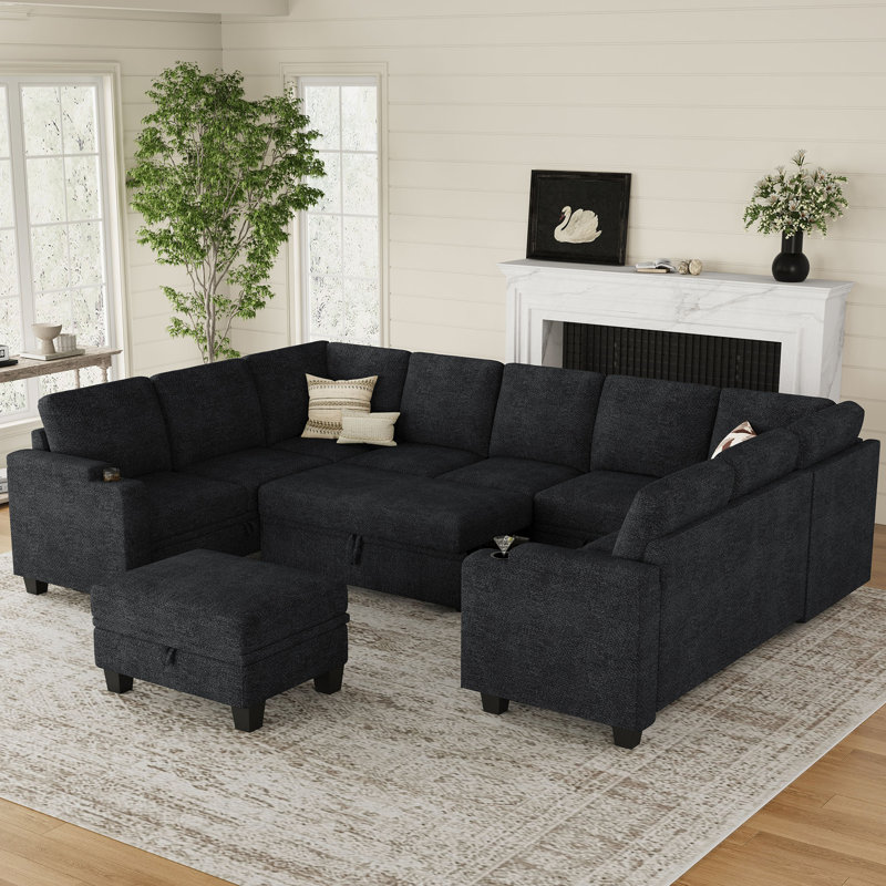 Anjanette Large Modular Storage Sofa U-Shaped Chenille Sectional Sofa With Ottomans Cup Holder, Beige Chenille