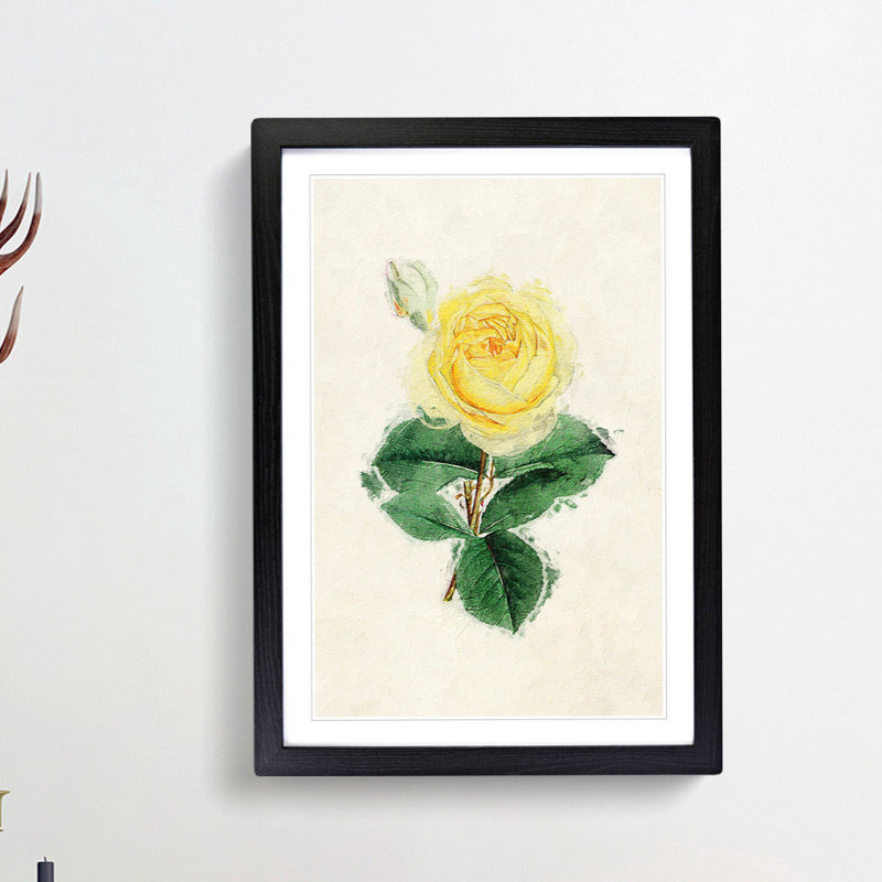 Illustration of a Yellow Rose - Picture Frame Painting Print, 48cm H x 36cm W x 2cm D, Black Framed