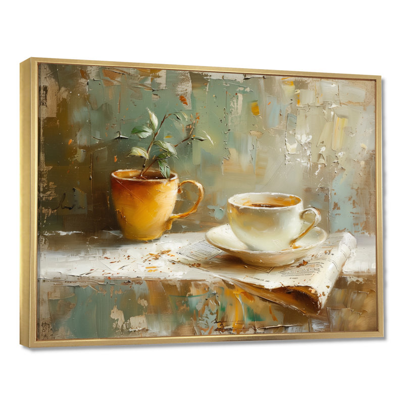 Tasse de café blanche et beige blanche - Art mural café, H 24 po x l 32 po, Cadre flottant doré