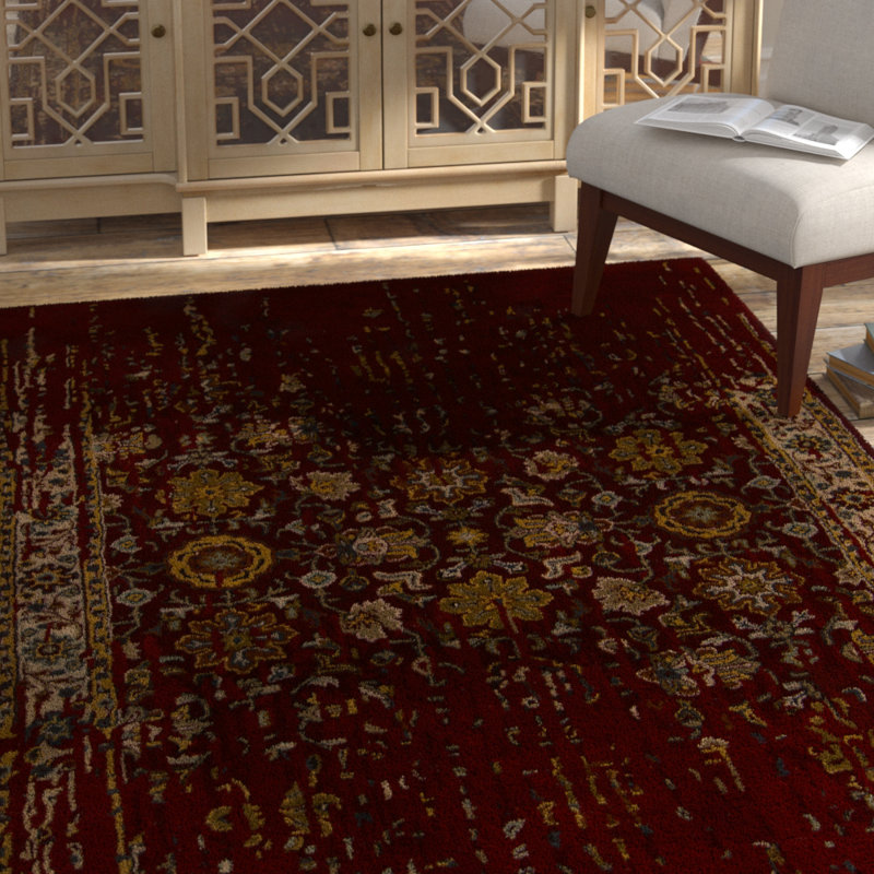 Tapis oriental rouge foncé, brun, noir et beige touffeté à la main Doniesha, 7 pi 9 po X 10 pi 6 po