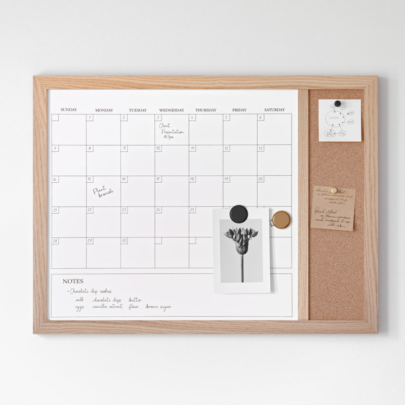Thomas Martha Stewart Magnetic Dry Erase Monthly Calendar and Cork Board Combo with Included Marker, Magnets, Brown