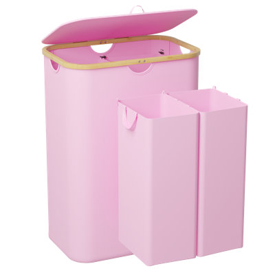 2-Section Laundry Hamper with Lid & Removable Bags, 160L Collapsible Clothes Basket with Bamboo Handles, for Bedroom, Bathroom, Dorm & Laundry Room