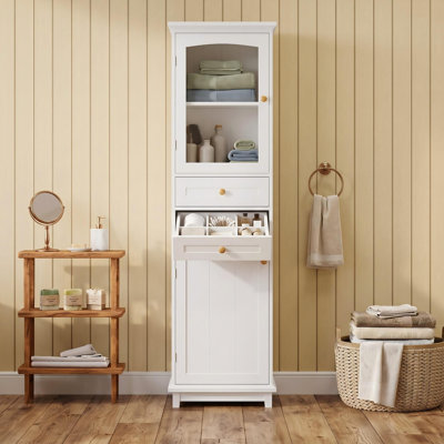 Modern Freestanding Bathroom Storage Cabinet with Glass Doors & Drawers
