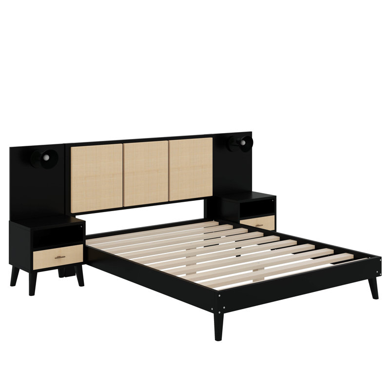 Queen Size Solid Wood Bed Frame With 2 Nightstands, Black