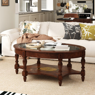 Elinar Traditional Oval Wood Coffee Table with Tempered Glass Top