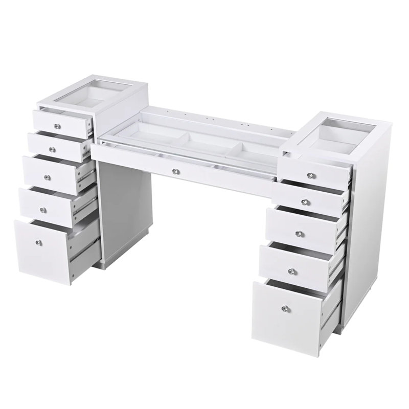Odette Touch Pro 2.0 LED Makeup Desk with Glass Table Top, and 6 Drawer Unit, White