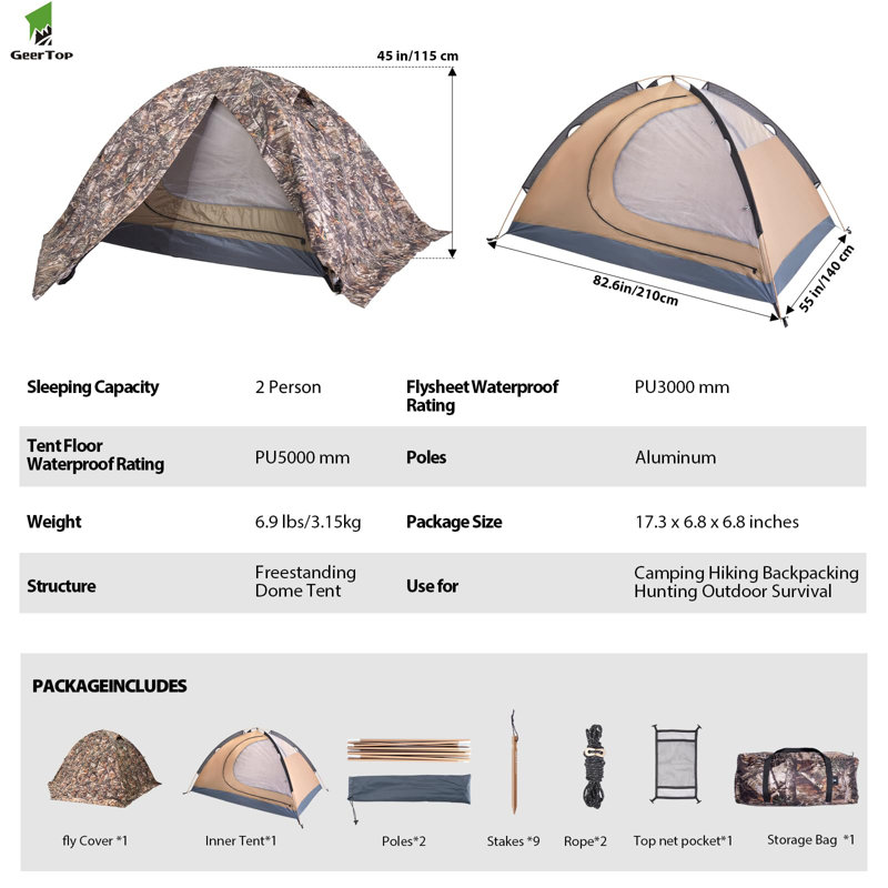 Ultralight Camouflage 2 Person Four Season Tent with Vestibule