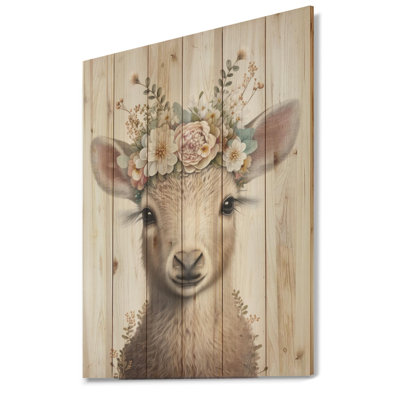 Mignon bébé mouton avec couronne florale Carrie - impression sans cadre sur bois