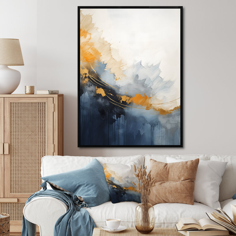 Tempête de marbre bleu et jaune V - art mural abstrait, Cadre flottant noir, 32" H x 16" W