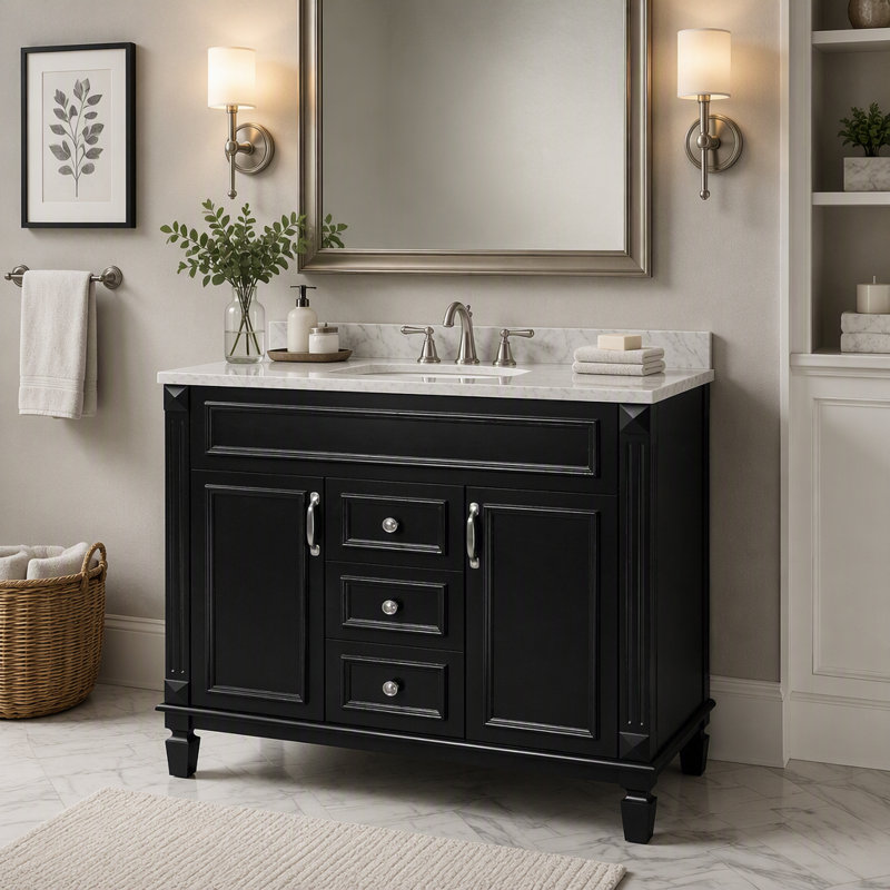 Meuble-lavabo de salle de bain de seulement 35 pouces, meuble de rangement autoportant avec portes et tiroirs pour salle de bain