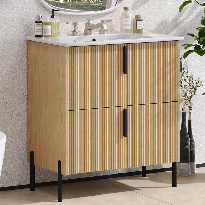 Meuble-lavabo 30 po avec lavabo en céramique, Naturel/noir