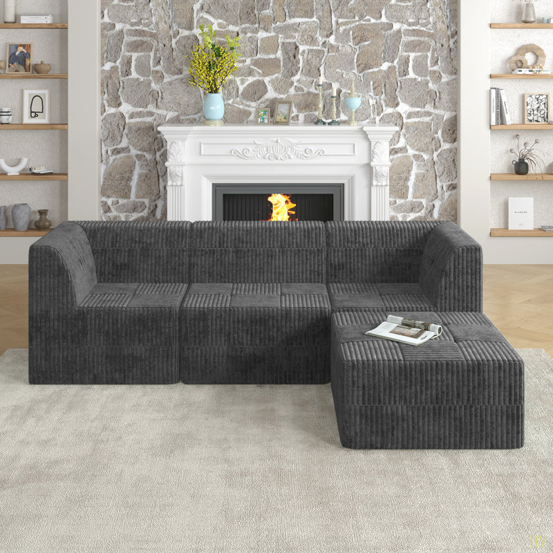 Canapé modulaire en forme de L, canapé modulaire en velours côtelé de style minimaliste moderne, Gris