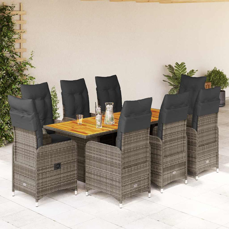  Ensemble bistro avec repose-pieds réglables en rotin PE gris pour 8 personnes, Gris foncé / Gris, Avec repose-pieds, 8