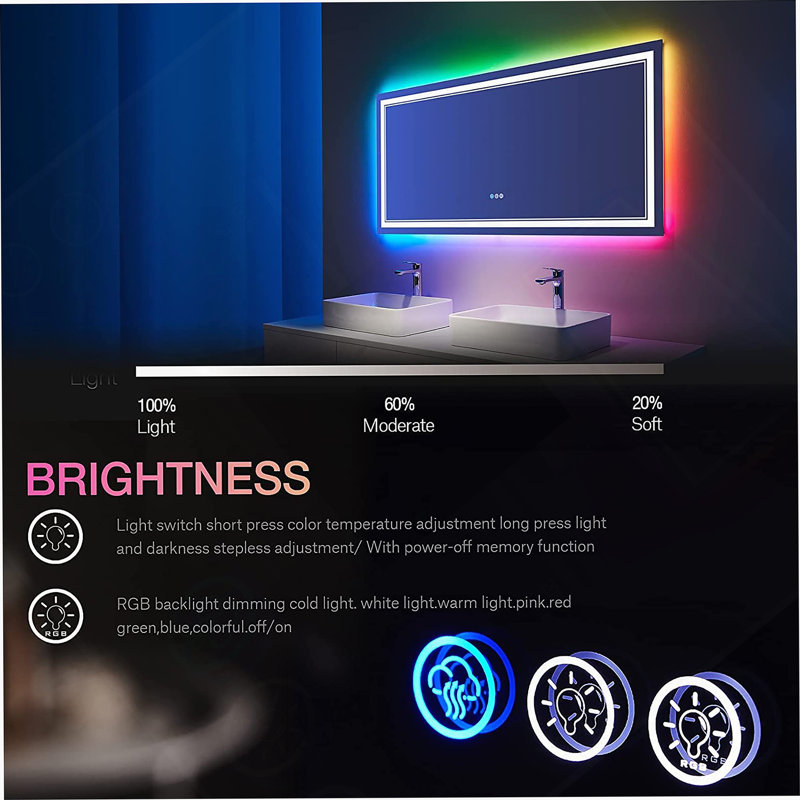 Frameless LED Bathroom Mirror,Smart Mirror,RGB Backlight, 36" x 55"