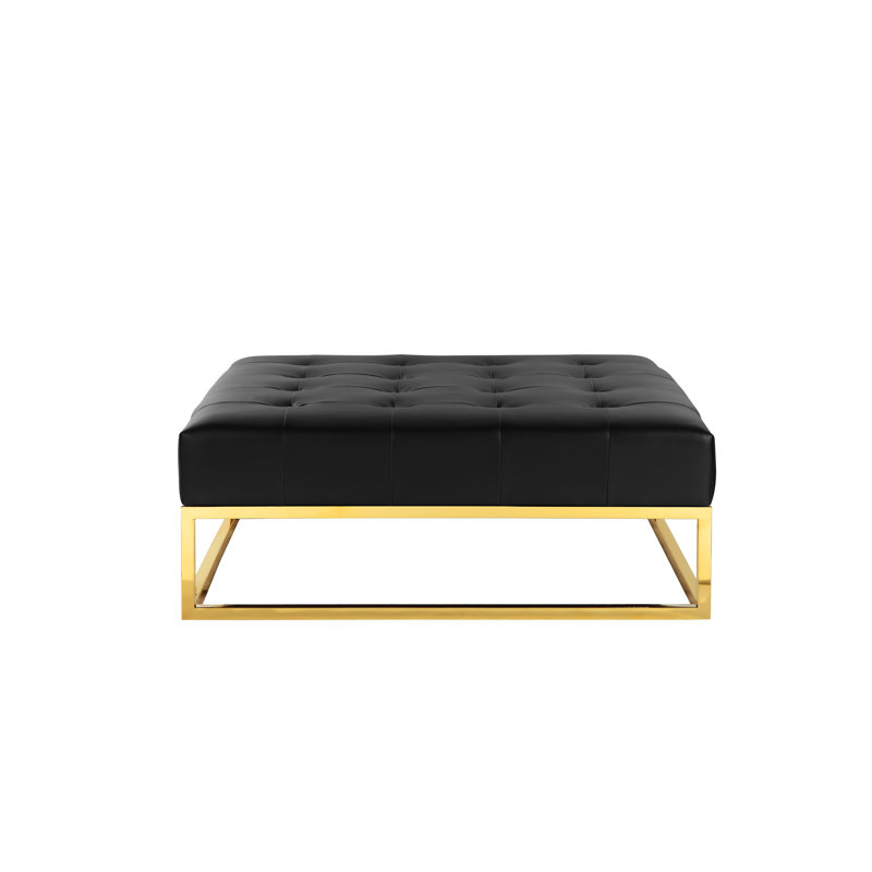 Lusso Upholstered Ottoman, Black Genuine Leather, Gold