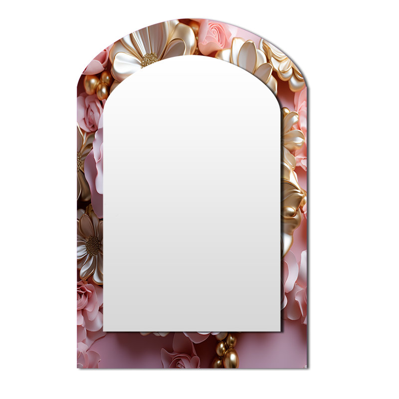 Art de fleurs liquides blanches tendres et rose clair - formes abstraites, miroir décoratif asymétrique, miroir mural arche moderne, impression d'art en métal