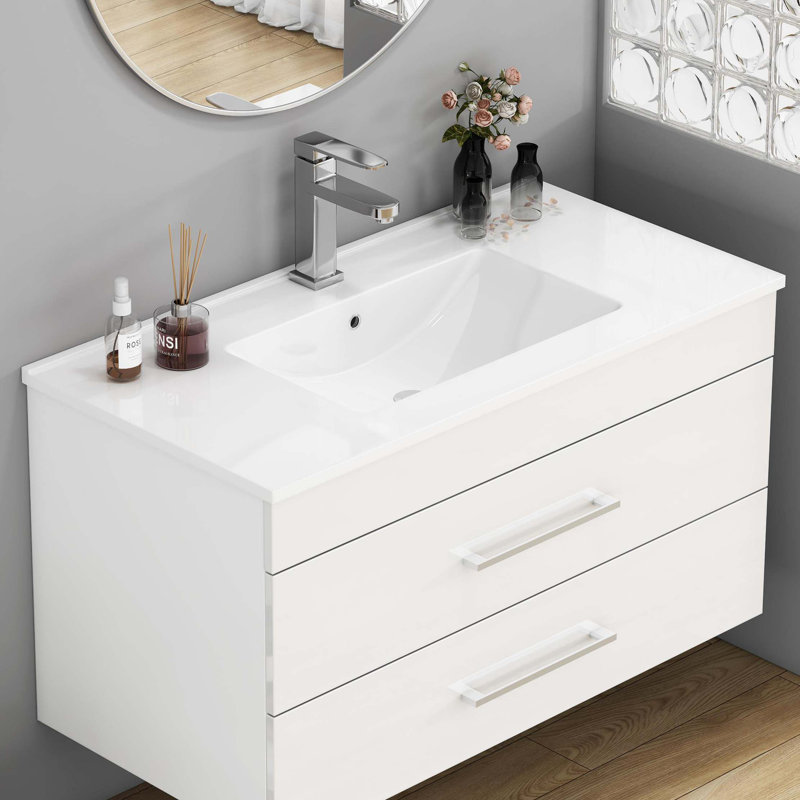 36-Inch Ceramic Bathroom Sink, Fits 36-Inch Vanity,Pre-Drilled Faucet Hole,Modern Minimalist Design,Durable & Easy To Clean
