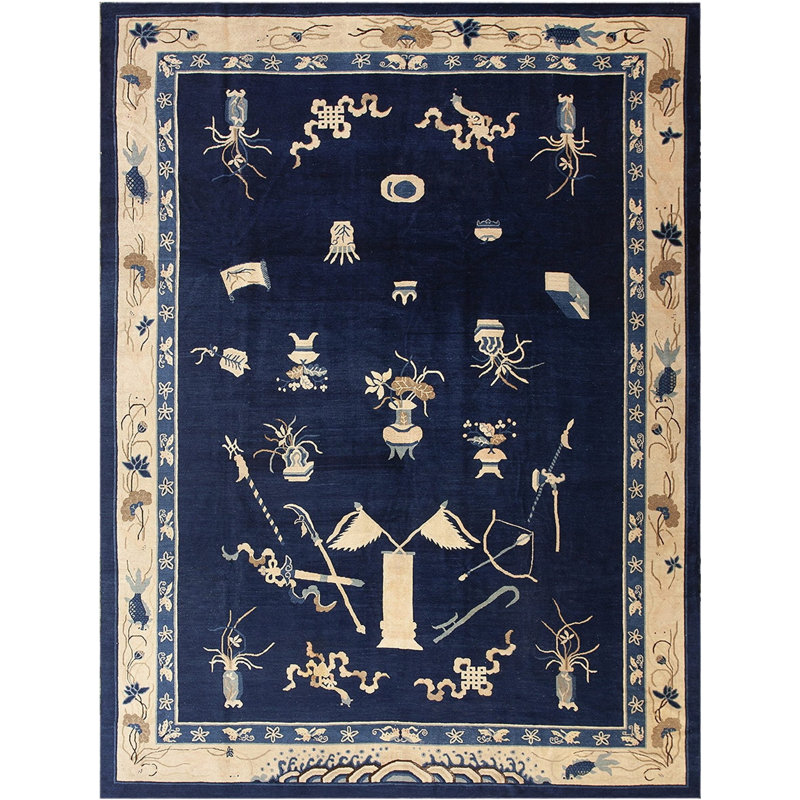 Tapis antique en laine beige et bleu marine