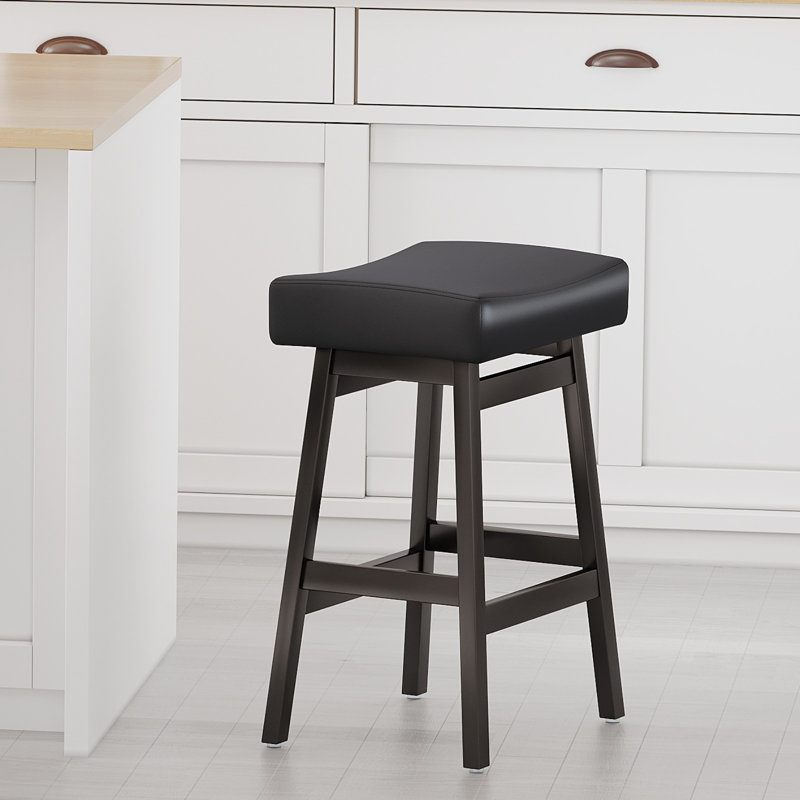 26" Solid Wood Counter Height Bar Stools Set of 4 with Faux Leather Upholstered Saddle Seat,Black, 4, Black