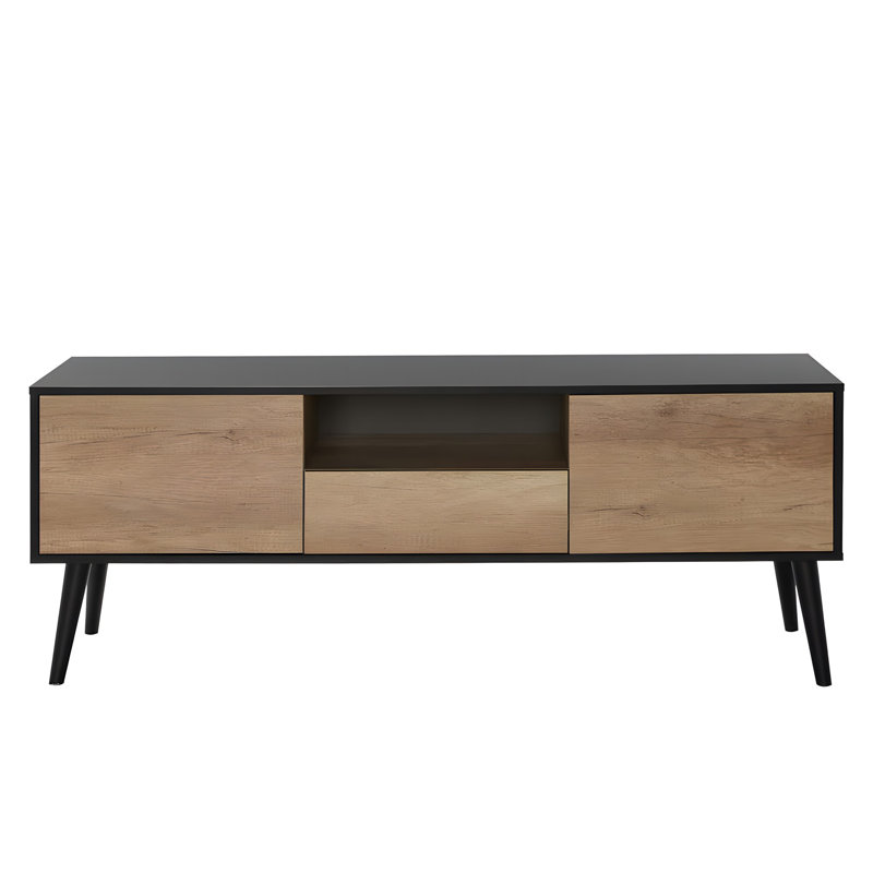 Modern TV Stand with Wall-Mounting Capability, Black & Taupe, 63.0 x 22.8 x 16.1 inches | Coated Particle Board, Thickness: 0.6 inches | Multiple Shelves & Additional Storage for Stylish Living Rooms