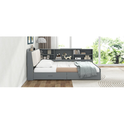 Wood Platform Bed With Storage Headboard, Shelves And 2 Drawers