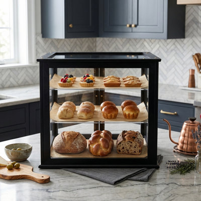 3-Tier Black Solid Wood Bread Box