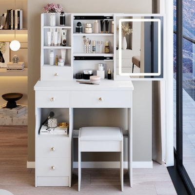 Petite table de meuble-lavabo avec tiroir gauche de 29,2 po, tabouret rembourré, miroir à DEL réglable à luminosité tricolore, idéal pour les petits tiroirs de bureau dans les chambres à coucher