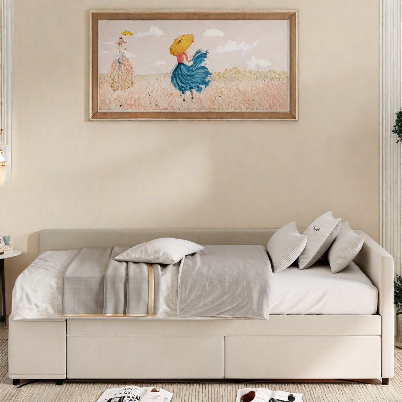 Lit de jour rembourré en L avec rangement latéral intégré et 2 tiroirs, Beige