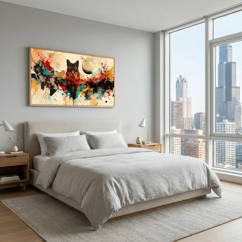 Ensemble de 1 tableau abstrait sur toile représentant un loup, 40“W x 20”H, Natural
