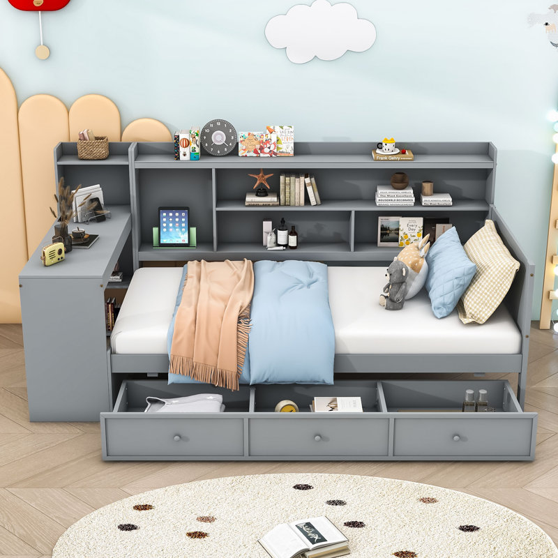 Assante Daybed with Integrated Desk and Built-in Storage Drawers, Gray, Twin