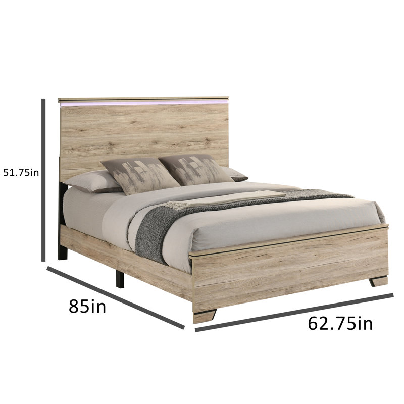 Farmhouse Rustic Panel Bed With LED Headboard, Queen, Oak