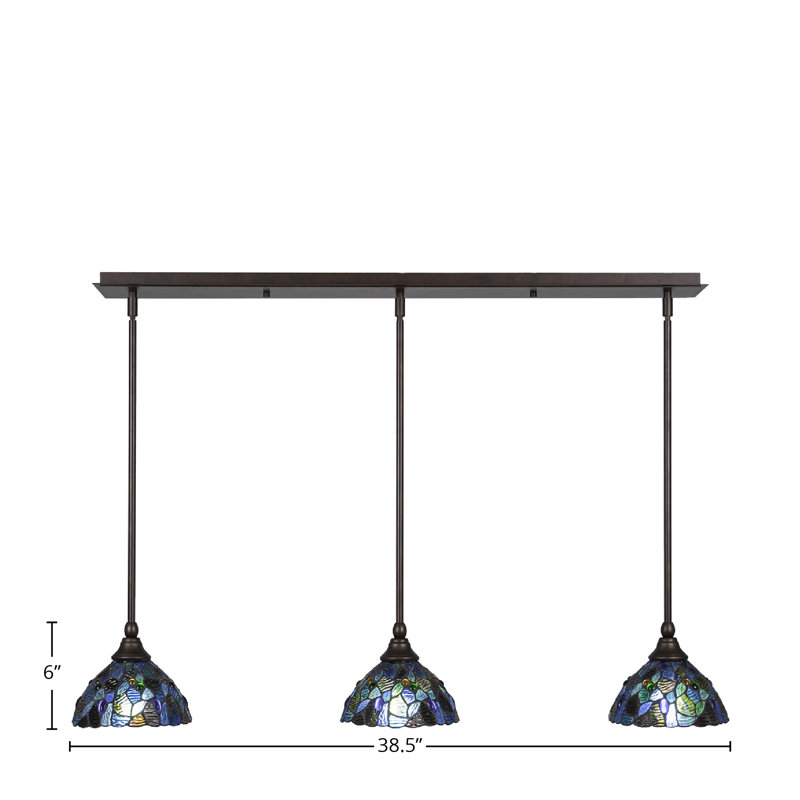 3 Light Stem Hung Linear Pendalier Shown With 7" Blue Mosaic Art Glass, Bronze