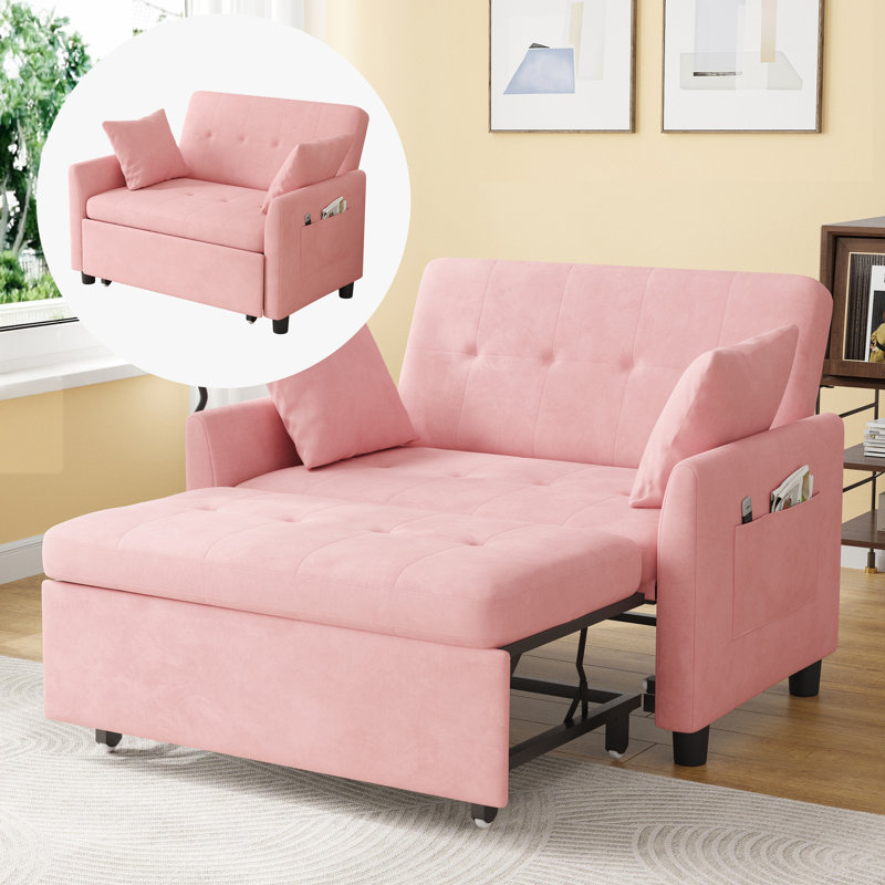 46.5“ Upholstered Pull Out Sleeper Sofa, Modern Convertible Loveseat Bed with Phone Holder & Side Pockets, Pink
