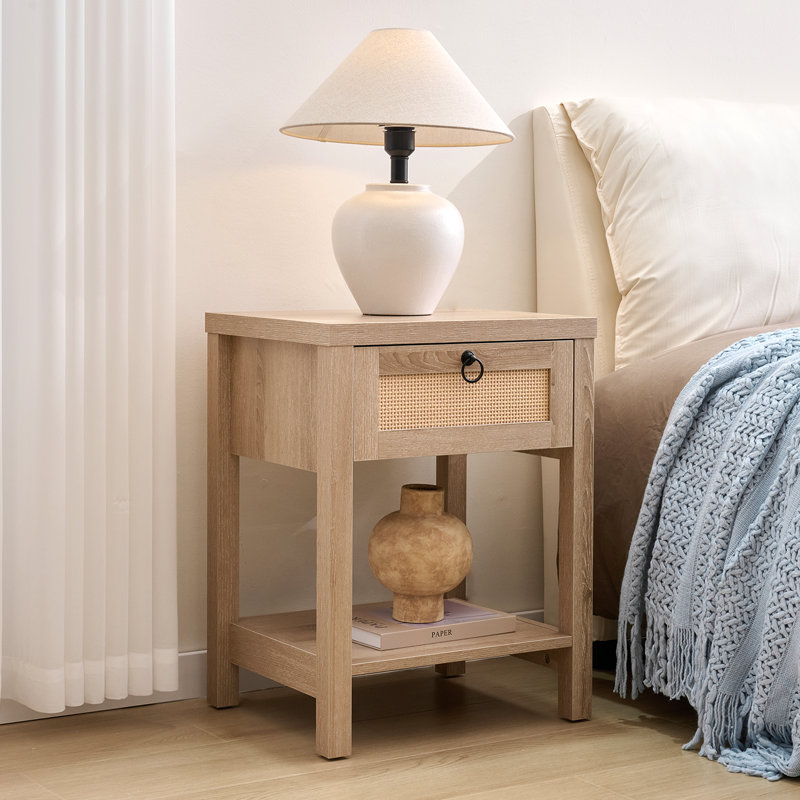 Rattan Nightstands Set Of 2, Boho Bedside Tables With Drawer And Open Shelf, Bedroom End Tables With Solid Wood Legs, Light Oak