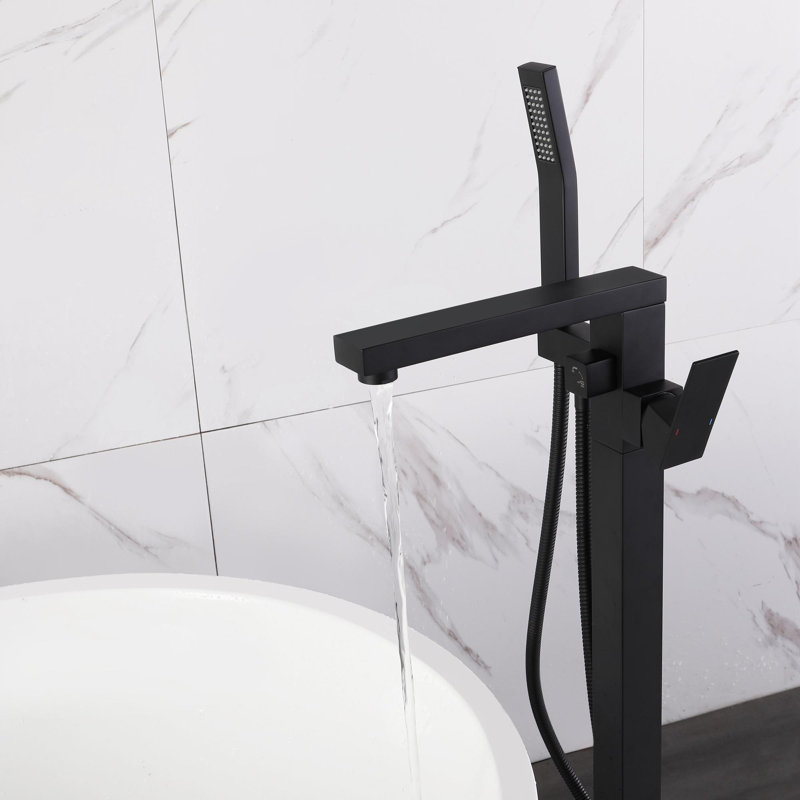 Matte Black Freestanding Floor Mount Tub Faucet with Hand Shower