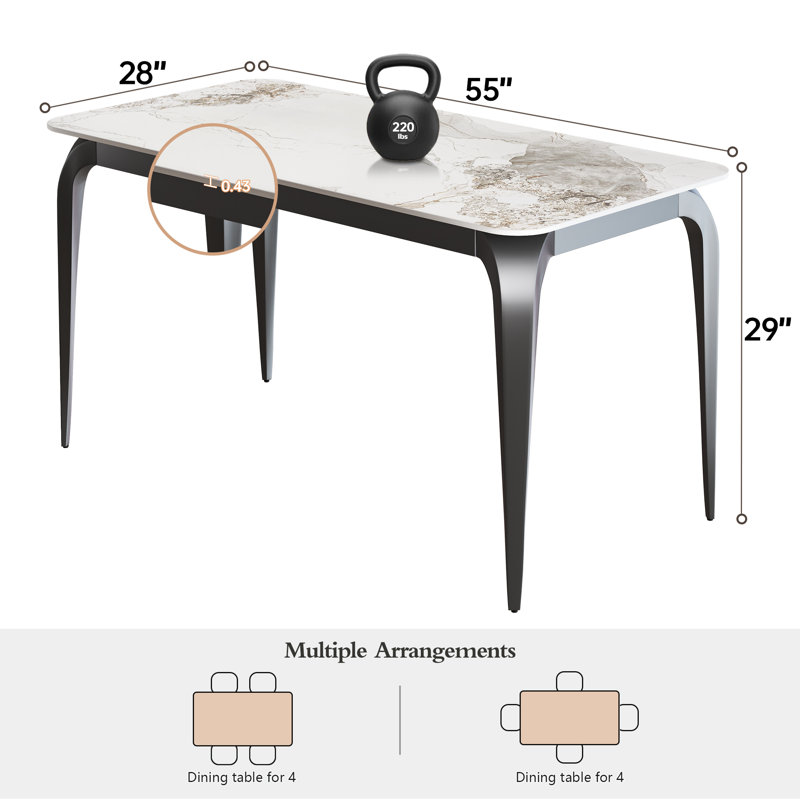 Krystah Rectangular Large Corner of Sintered Stone Ceramics Dining Table with Metal legs, Jade White, 29" H x 55" L x 28" W