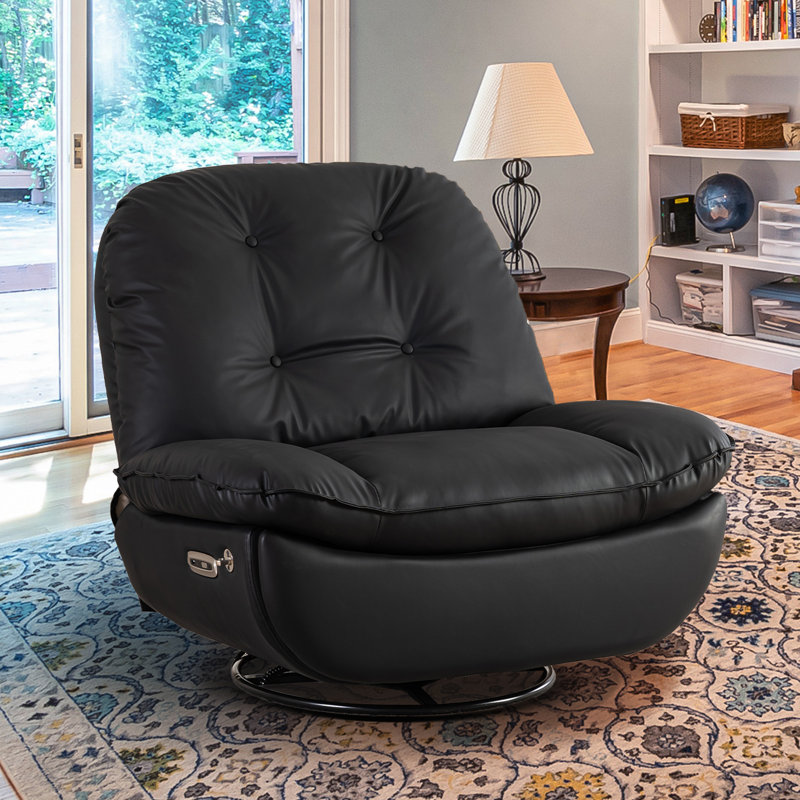 Betzabe Oversize 44.8" W Faux Leather Power Recliner, Voice Control, USB, Bluetooth, 270° Swivel, Black Faux Leather