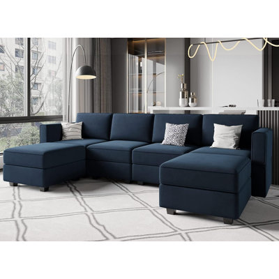 Modular Sectional Sofa U Shaped Velvet Couch with Reversible Chaise Oversized Couch with Ottoman Blue