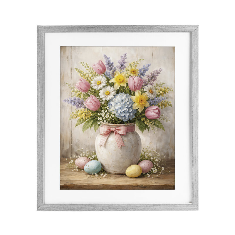" Easter Bouquet in Spring Hues " Graphic Art Print, 16 x 13, Farmhouse Grey Under Glass Framed