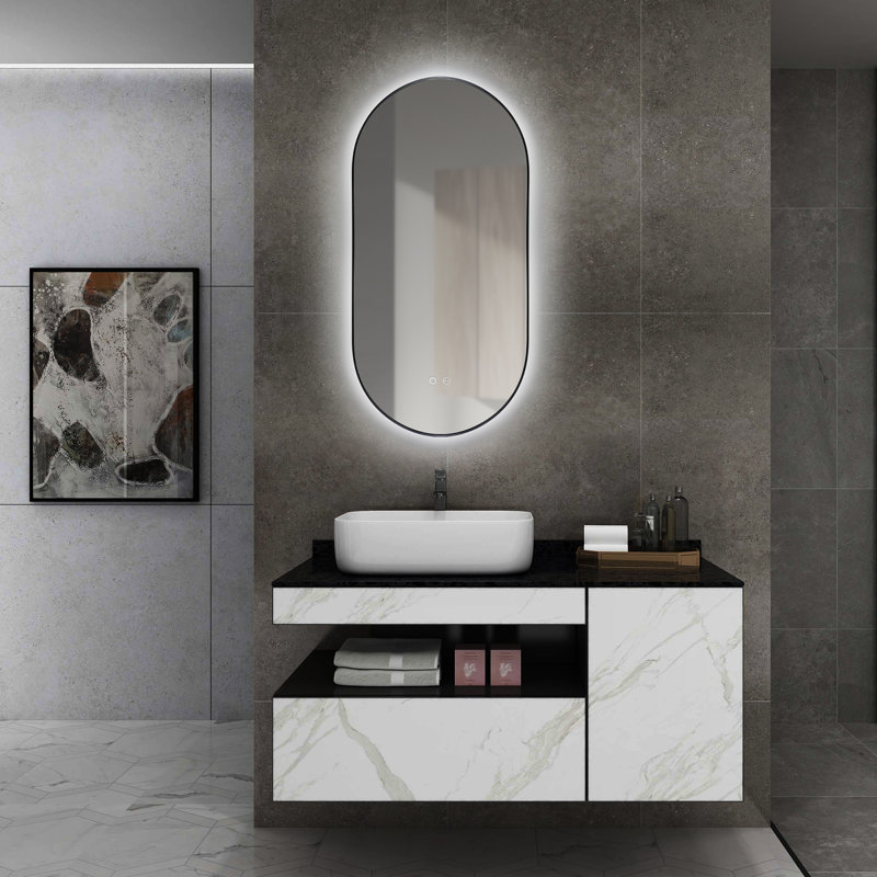 Miroir de salle de bain à miroir 23,5 pouces avec éclairage à DEL Orren Ellis, Blanc
