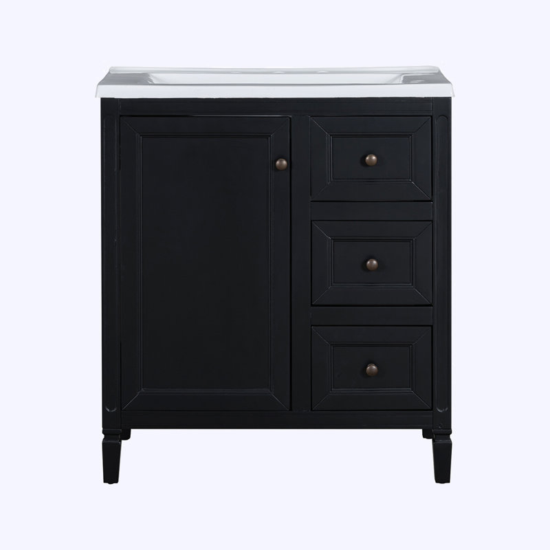 Meuble-lavabo de salle de bain avec lavabo en résine et trois tiroirs, Noir, noir, noir, noir