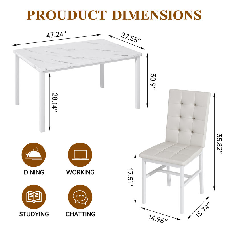 Modern Faux Marble Dining Table Set for 4, White, White