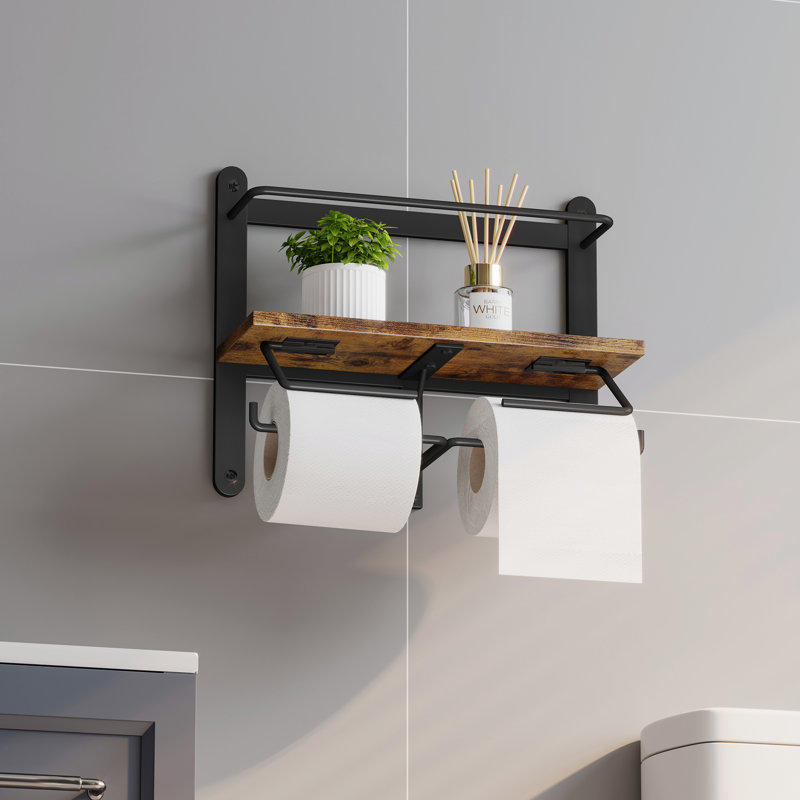 Porte-papier hygiénique double avec tablette, porte-papier hygiénique mural en bois, organisateur de salle de bain mural, rouleau double, convient aux salles de bain (brun rustique)