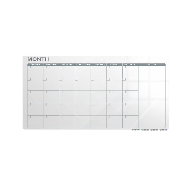 Panneau de verre à profil bas, calendrier 1 mois, calendrier magnétique Ghent, 36 po x 48 po, Calendrier horizontal de 1 mois