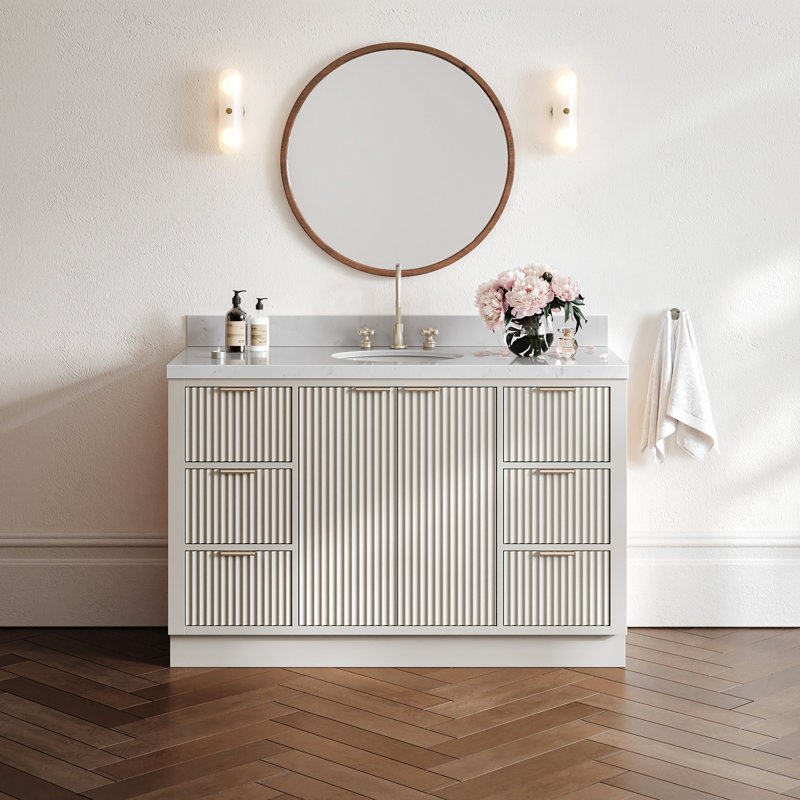 Meuble-lavabo simple en bois massif de 54 po avec comptoir en quartz blanc chaud de 1,5 po Haun de Haun, Ovale, 54"